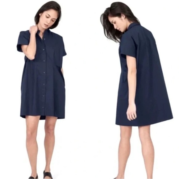 Everlane Poplin Square Shirt Dress navy blue button down size 00 - Picture 1 of 6